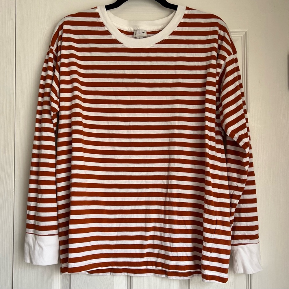 J.Crew Factory Striped Long Sleeve Tee Large White Burnt Orange NWOT